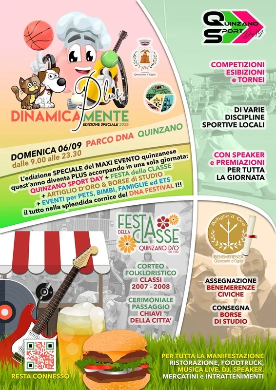 Locandina di DinamicaMente 2026, domenica 6 settembre, Parco DNA Quinzano d'Oglio